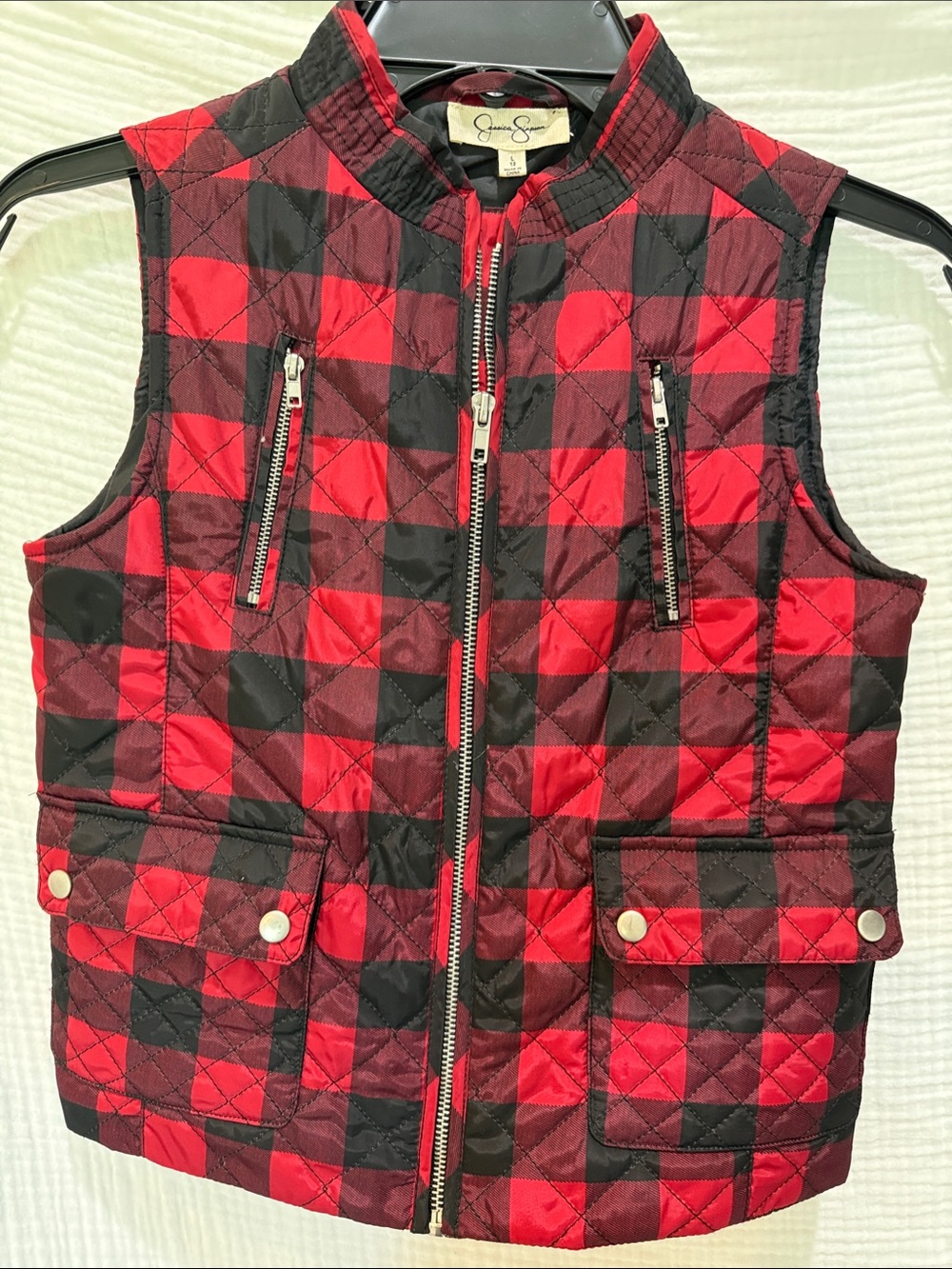 Jessica Simpson Kids Red and Black Quilted Plaid Vest with Silver Zippers